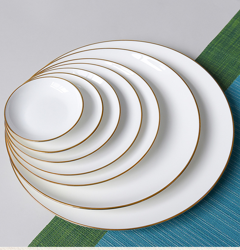 Jin Baijia Placa de porcelana de hueso de oro filete plato plano plato de merienda plato doméstico blanco borde de oro plato de cerámica de comida occidental