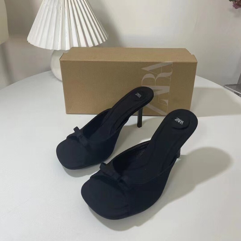 Women's spring/summer outdoor black bowknot 2026 satin peep-toe open-toe strap sandals with thin high heels Women's spring/summer outdoor black bowknot 2026 satin peep-toe open-toe strap sandals with thin high heels