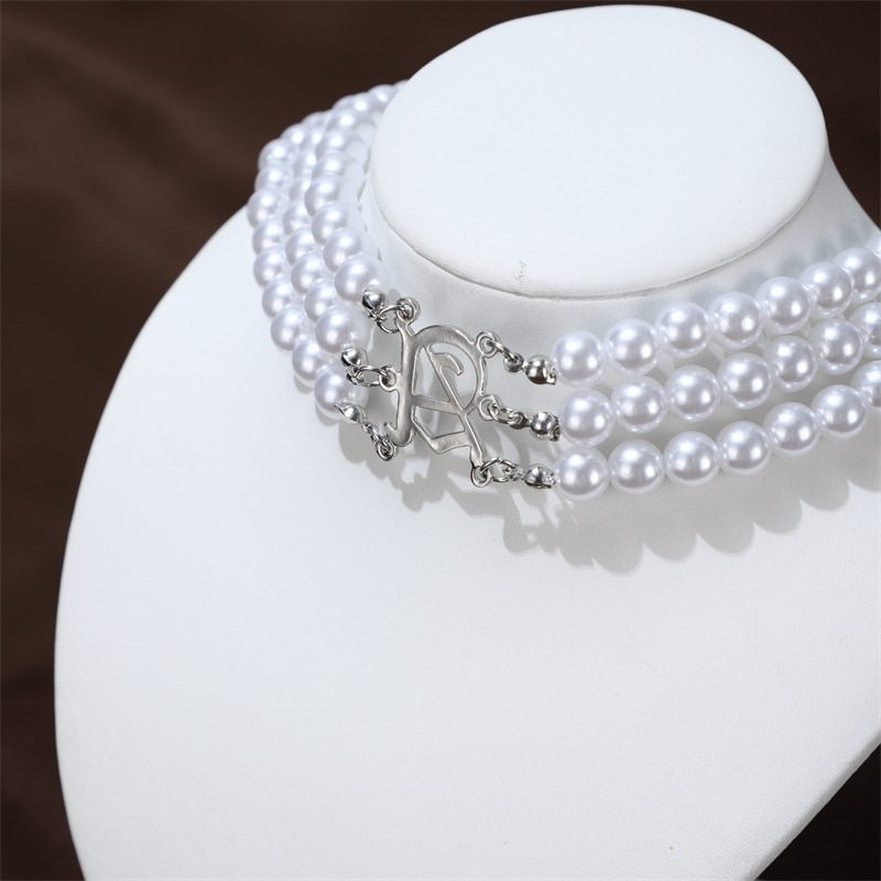 欧美跨界饰品多排三层圆珠白色珍珠A字母短项链女时尚简约锁骨链