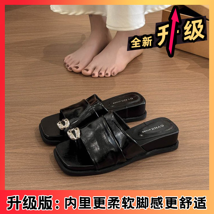 法式套趾褶皱拖鞋女夏外穿2025新款高级感不累脚凉鞋坡跟气质凉拖|undefined