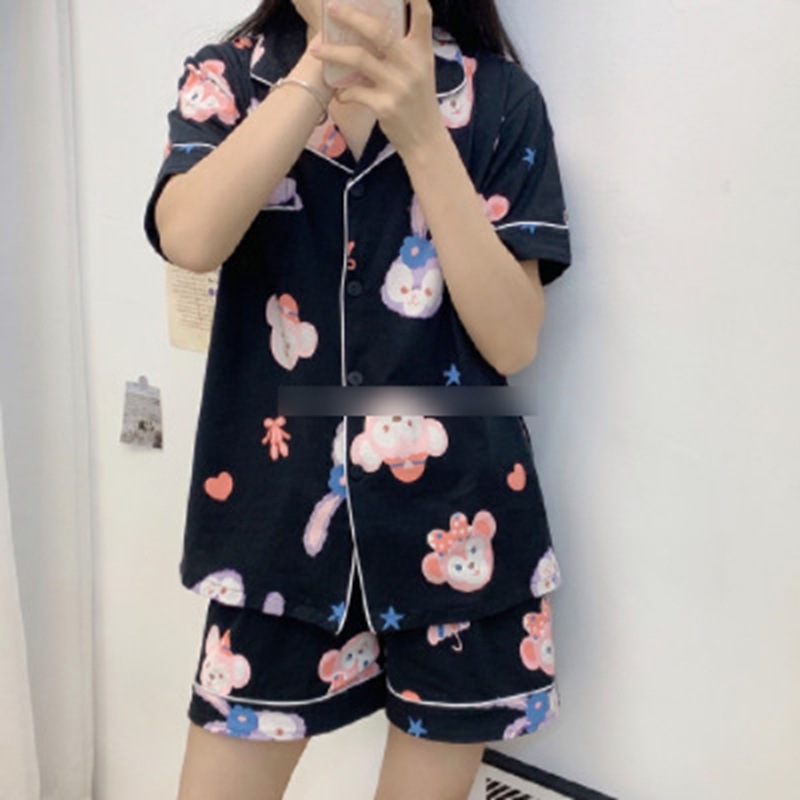 Pijamas de verano de las mujeres de manga corta linda chica Corazón de dibujos animados solapa desgaste del hogar WeChat transmisión en vivo en línea traje de entrega de una pieza
