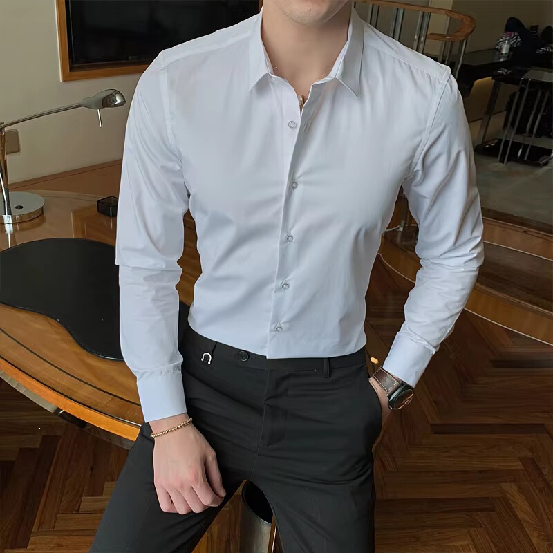 Men's Business Fashion Solid Color Long Sleeve Shirt Classic Style Cotton Casual White Slim Fit Shirt Office Wear Men's Business Fashion Solid Color Long Sleeve Shirt Classic Style Cotton Casual White Slim Fit Shirt Office Wear