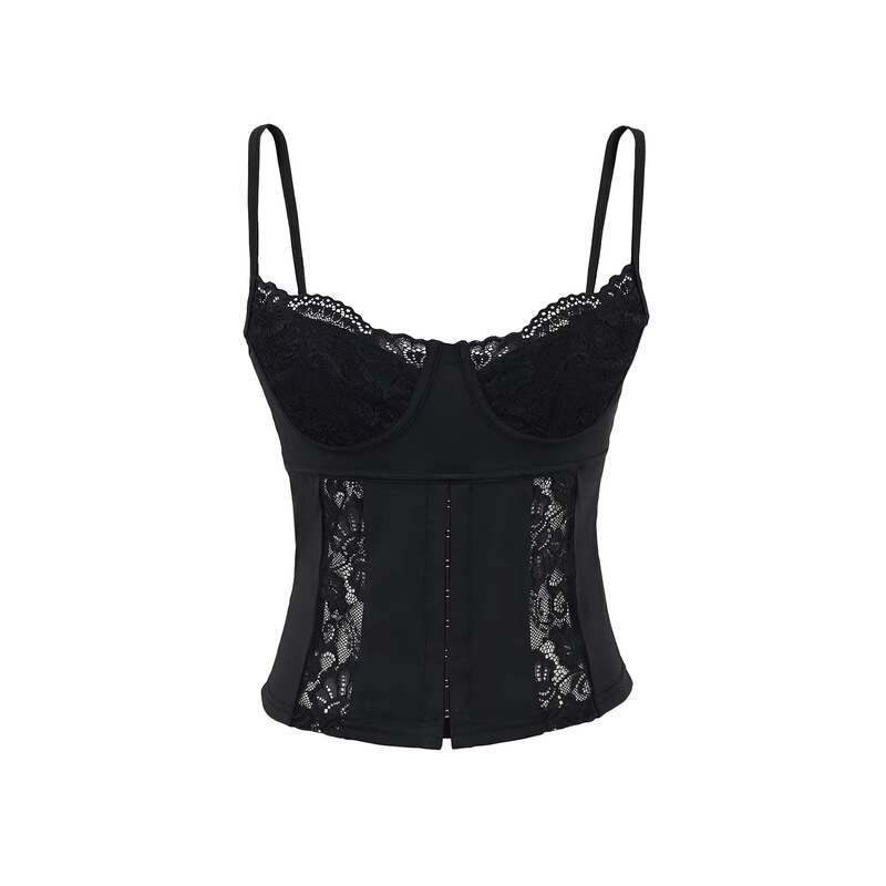 Hot Girl Style Lace Stitching Camisole Women's Inner Hanging Buckle Tight Sexy Backless Bottoming Short Top