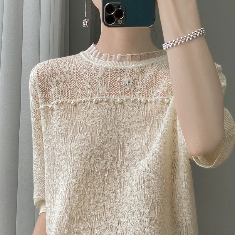 Spring and Summer New Beaded Hollow Tencel Thin Short-Sleeved Knitwear Round Neck Lace Crochet Women's Chinese Style T-Shirt Base