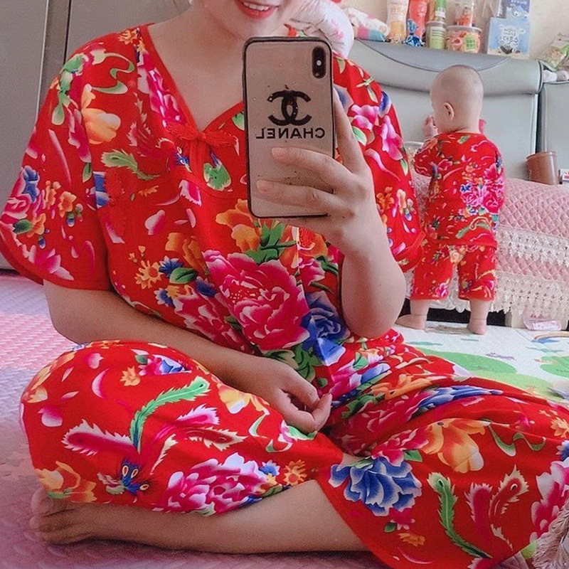 东北大花布衣服空调服棉绸睡衣女短袖套装妈妈花裤子家居服演出服