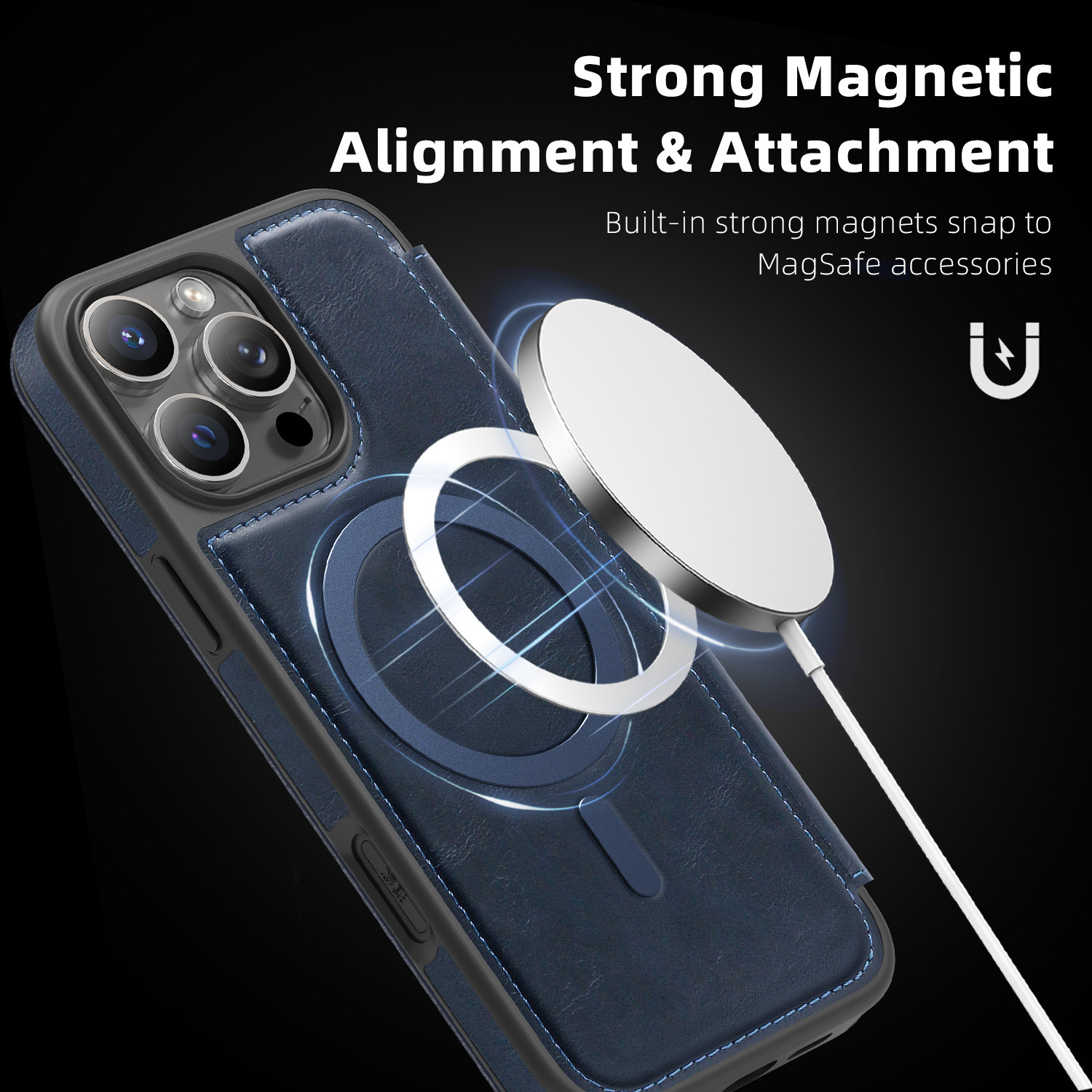 Ốp lưng da từ tính có khe đựng thẻ cho iPhone 16 Pro Max, chống sốc — Màu đen, Màu xanh ngọc, Màu cà phê, Xám vàng titan chi tiết 30