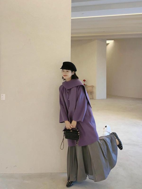 紫色围巾羊毛大衣女冬季2025新款小个子长款高级感超好看毛呢外套|undefined