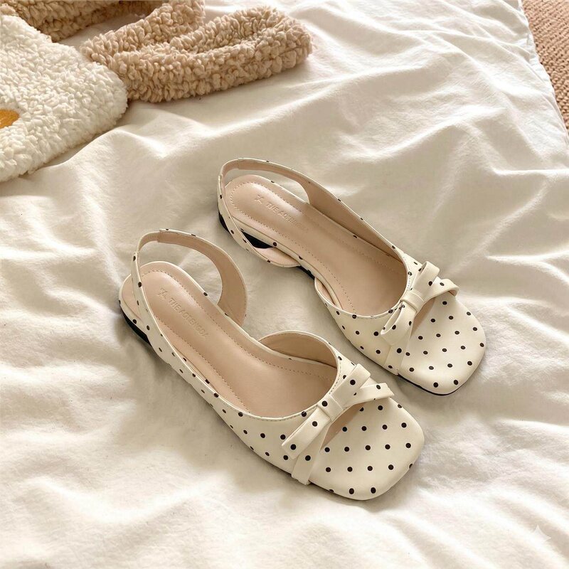 French-style polka dot bow open-toe sandals for women, 2026 summer new flat fairy-style versatile and elegant shoes French-style polka dot bow open-toe sandals for women, 2026 summer new flat fairy-style versatile and elegant shoes