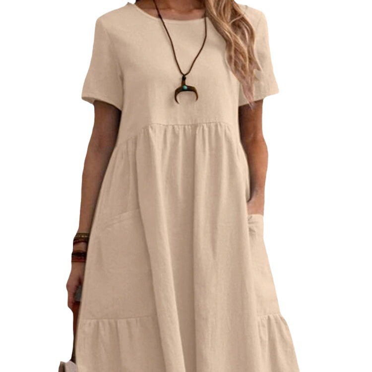 2026 Summer European And American Retro Loose Pocket Solid Color Round Neck Women's Dress_ecoleips.com