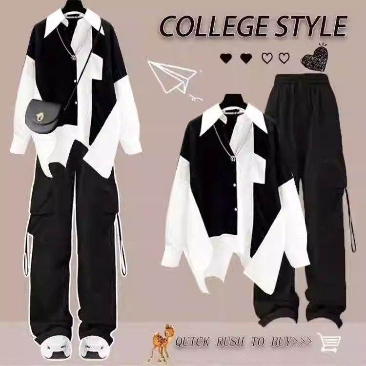 Spring and Autumn 2025 Korean Style Loose Men's Design Long-Sleeved Splicing Shirt + Handsome Cargo Pants Suit