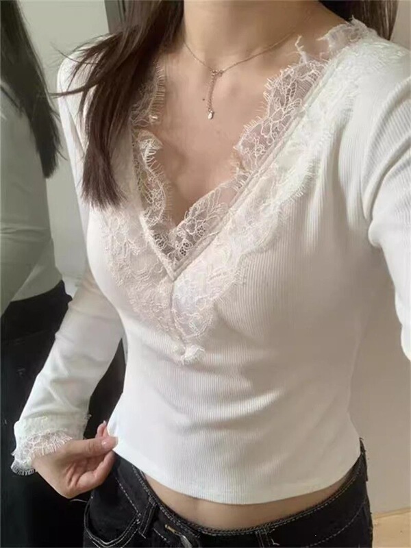 European and American Style 2×2 Soft Velvet [with Chest Pads] Pure Desire Lace V-Neck Inner Layer Thermal Long-Sleeve Top
