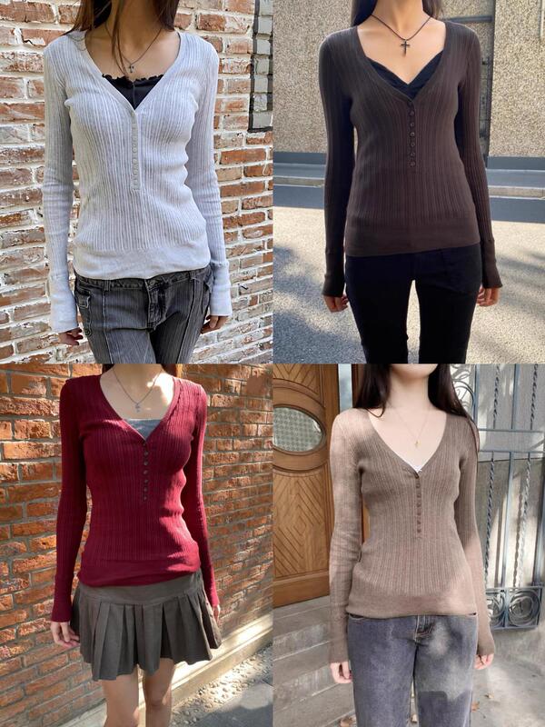 Bm Style New V-Neck Seven-Button Ribbed Long-Sleeve Knit Sweater for Women, Bm Spicy Girl Slim-Fit Versatile Base Shirt Top Bm Style New V-Neck Seven-Button Ribbed Long-Sleeve Knit Sweater for Women, Bm Spicy Girl Slim-Fit Versatile Base Shirt Top