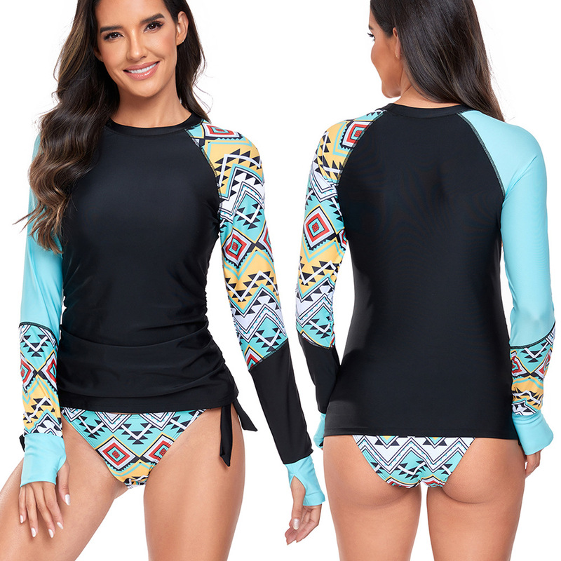 2024 new split swimsuit Women's European and American plus size swimsuit women's conservative low waist printed long sleeve surfing suit suit