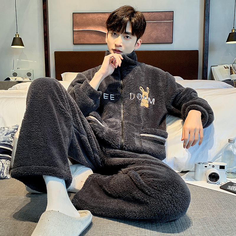 Invierno Nueva cremallera de cuello alto de los hombres más el tamaño de la franela prendas de vestir exteriores de manga larga pantalones de lana de coral cálido homewear