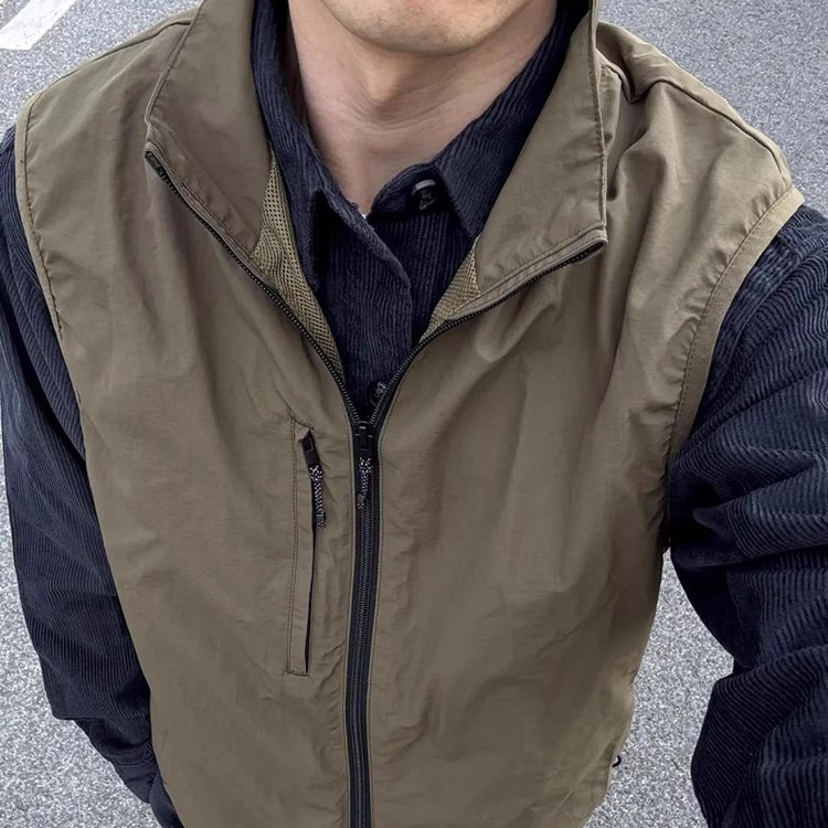 Olive Shirt Layered with Vest Jacket Trendy Brand High-End Waistcoat Men's Spring and Summer Cleanfit Relaxed Jacket
