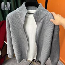 欧洲站双拉链针织衫男立领修身长袖开衫加厚半高领细线针织衫外套