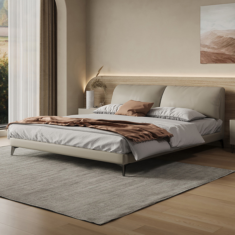 Orejas de elefante cama de cuero real italiano minimalista pequeño apartamento cama doble 1,8 m cama de borde orejas de elefante cama suave