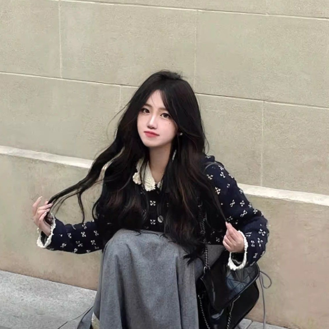 复古娃娃领碎花毛衣针织开衫毛呢伞裙两件套装女秋冬装搭配一整套