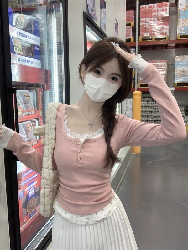 辣妹纯欲风碎花拼接长袖T恤女春秋修身显瘦短款设计感假两件上衣|undefined