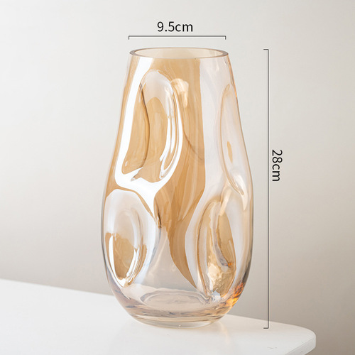 Modern light luxury irregular amber vase, hotel club sample room glass decoration, gold irregular vase