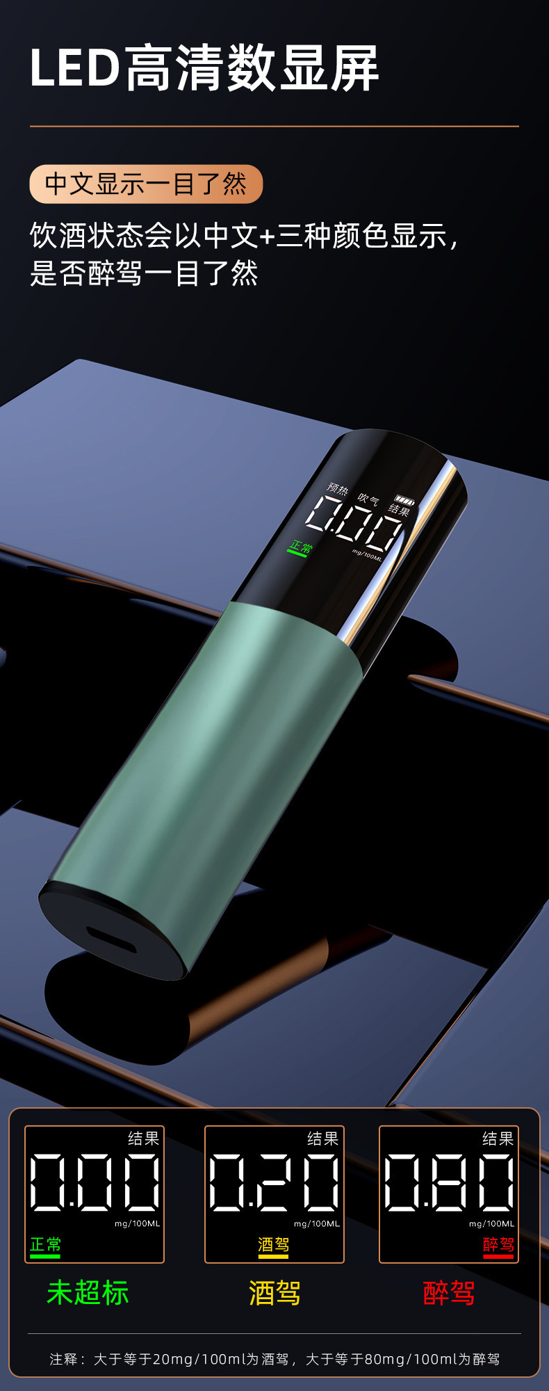 Wireless and convenient alcohol tester, high-precision breathalyzer for checking for drunk driving, compact and portable for measuring alcohol levels