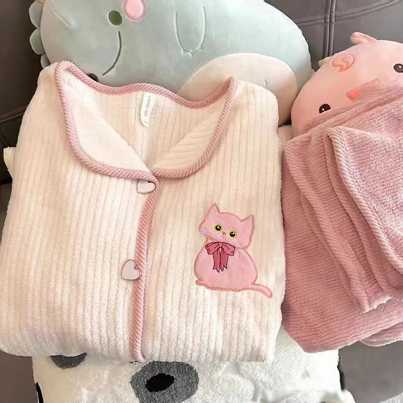 Autumn and Winter New Thickeneded Coral Velvet Pajamas for Women Sweet Cartoon Long-Sleeved Pants Cardigan Girls Home Wear Set