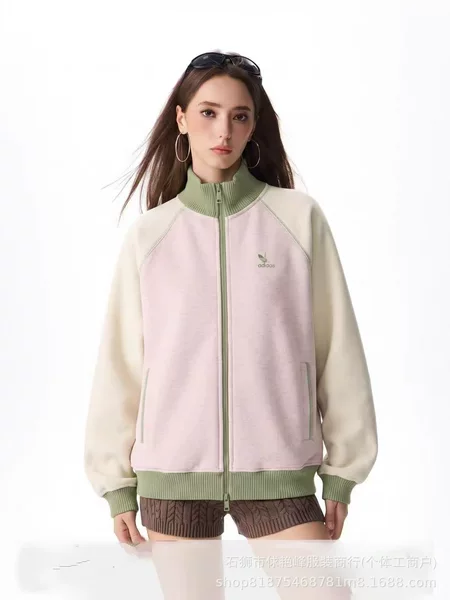 American-style color-blocked stand-up collar zip-up raglan sleeve cardigan jacket for women, autumn and winter jacket, college style, sporty couple's top