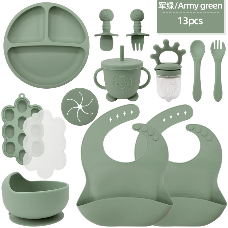 Juego de vajilla de silicona para niños transfronterizos Tazón de comida especial para bebés y niños pequeños Cuchara de silicona de grado alimenticio Juego completo de babero