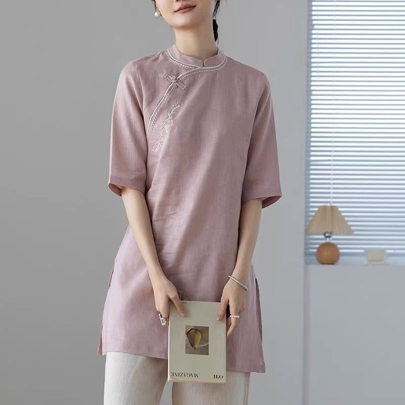出口外贸女装***中国风绣花棉麻茶服衬衫夏季斜襟盘扣中长款上衣