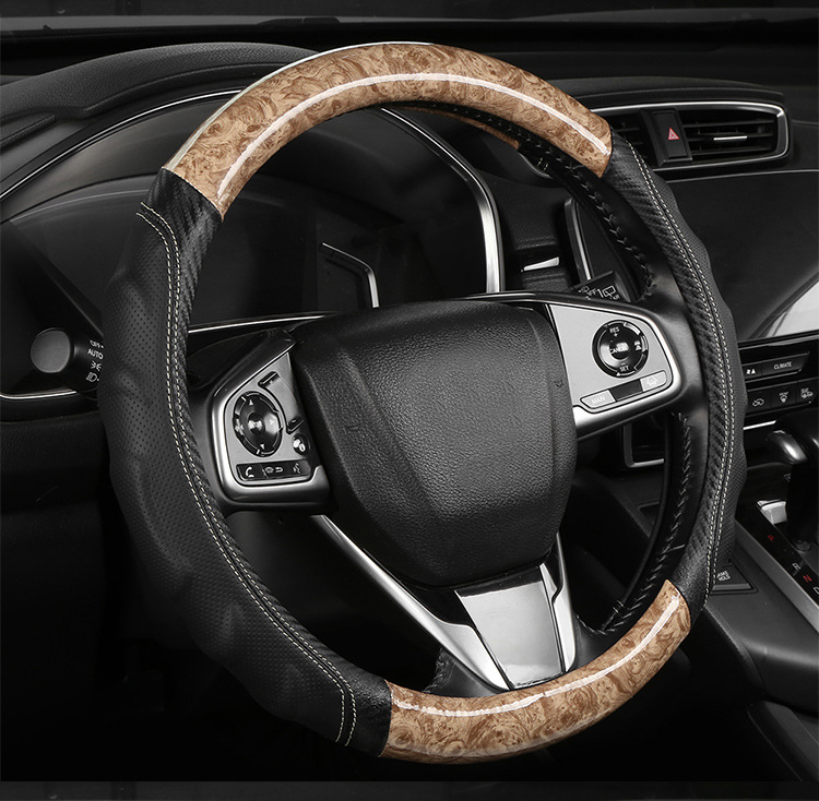 2026 New Model Peach Wood Grain Steering Wheel Cover, Universal for All Seasons, Carbon Fiber Spliced Leather Car Handle Cover, Foreign Trade Cross-Border