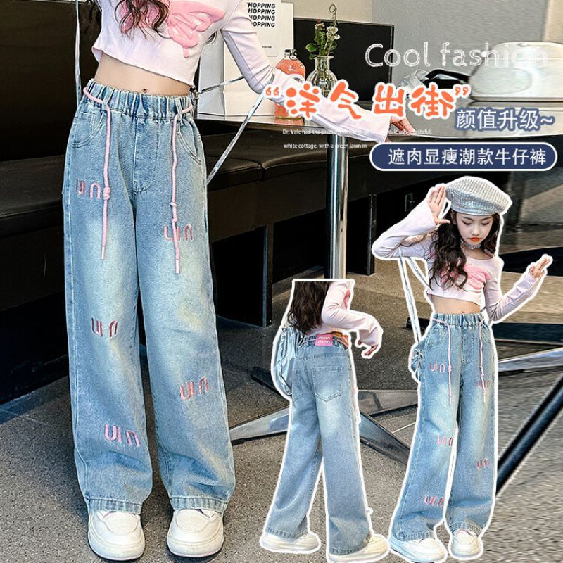 2024女童春季刺繡字母闊腿褲MM牛仔褲