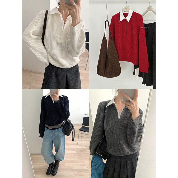 Tg Intellectual Style All-Wool Versatile Faux Two-Piece Shirt Collar Patchwork Pullover Sweater for Women 2025 Winter Model 26061 Tg Intellectual Style All-Wool Versatile Faux Two-Piece Shirt Collar Patchwork Pullover Sweater for Women 2025 Winter Model 26061