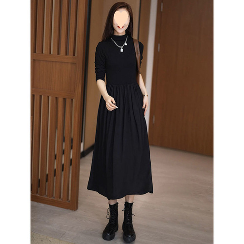 Hepburn style semi-high-neck dress for women's spring and summer new style slimming long-sleeved temperament French over-the-knee base dress