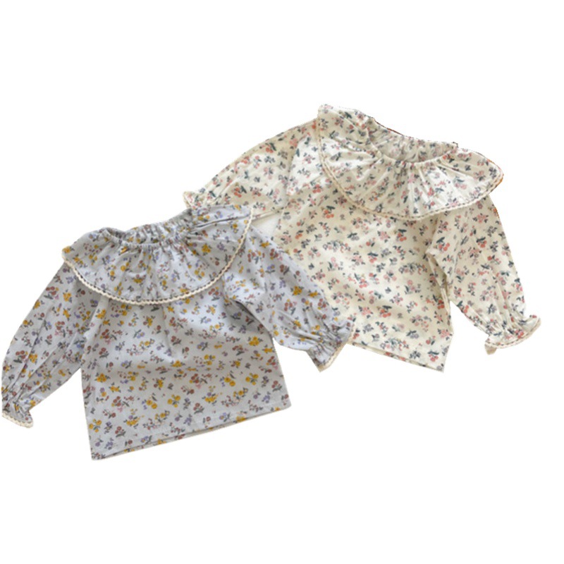 Primavera y otoño bebé niña pequeña camisa de solapa superior floral estilo japonés y coreano simple dulce manga larga Camiseta estilo occidental