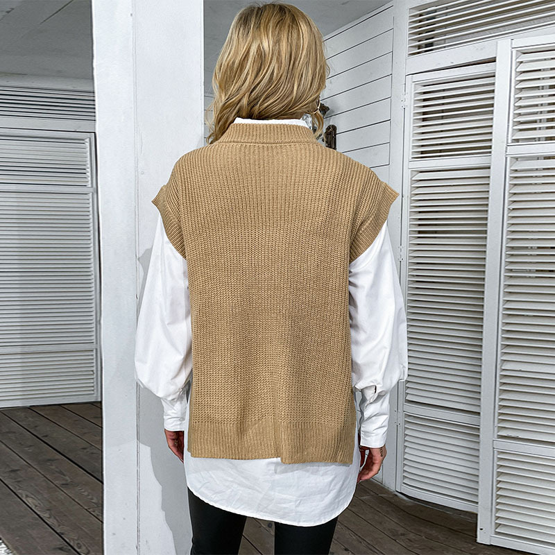 Gilet tricoté torsadé ample de couleur unie_voghion.com