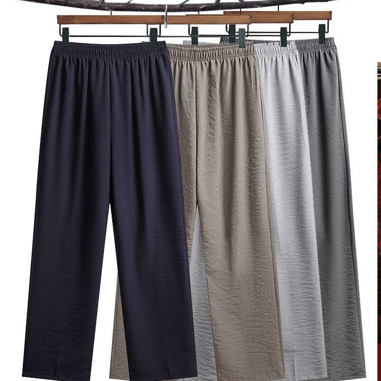 Warm Maple Leaf Men's Summer Tang Suit Pants for Middle-Aged and Elderly, Loose Straight Leg Thin Casual Pants for Dads and Grandpas, Summer Style