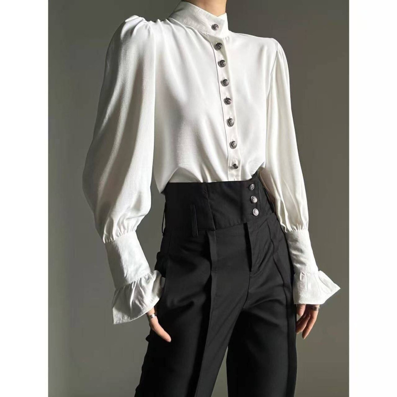 Lotus White Twill Silk French-Style Lace Collar Ruffled Loose-Fitting Versatile Long-Sleeve Men's Shirt Trendy