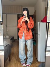 美式复古橙色格子长袖衬衫女宽松百搭休闲高街新款情侣衬衣外套潮