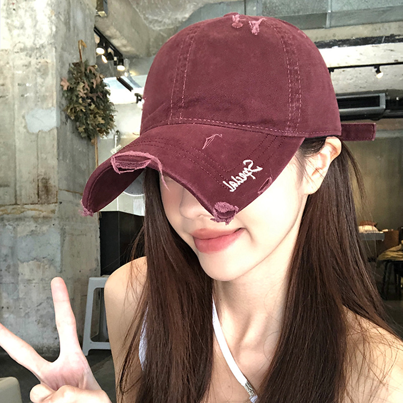 Agujeros estadounidenses lavados para hacer viejos sombreros de béisbol de vaqueros mujeres retro versátil cara pequeña gorra ancha sombrero de boca de pato superior suave