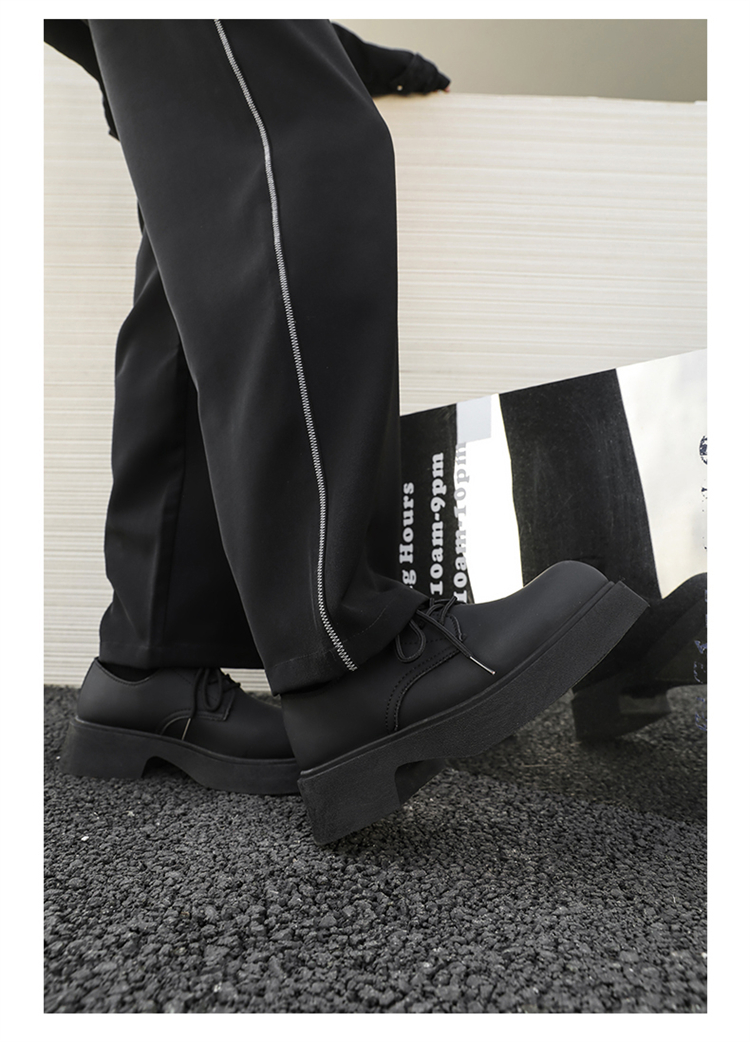 ShoeVault Round Toe Derby For Men Winter Casual Chunky Couple Thick Sole Height Increasing Black Matte British Leather Shoes_voghion.com