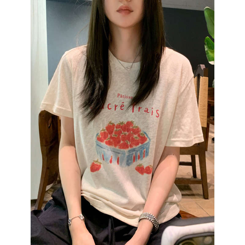 Ayi Natural Snowflake Cotton Fresh Strawberry Print Short Sleeve T-Shirt Casual Slightly Transparent Loose Lazy Style White # 4561