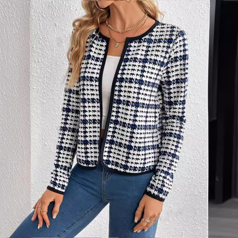 Women's Clothing temperament commuter women's jacket round neck plaid short coat_desvips.com