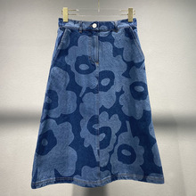 现2025夏季新款时尚花朵印花牛仔裙中长款百搭a字半身裙女