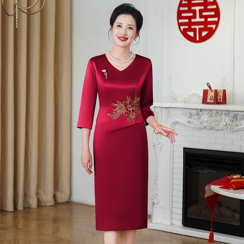 婚礼妈妈婚宴礼服喜婆婆装敬酒夏装新款连衣裙修身显瘦红色连衣裙|undefined