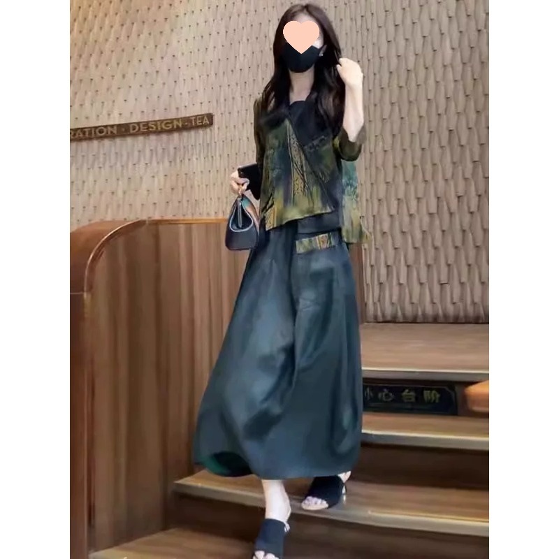 真丝香云纱连衣裙2026新款水墨印花宽松桑蚕丝上衣半身裙两件套装