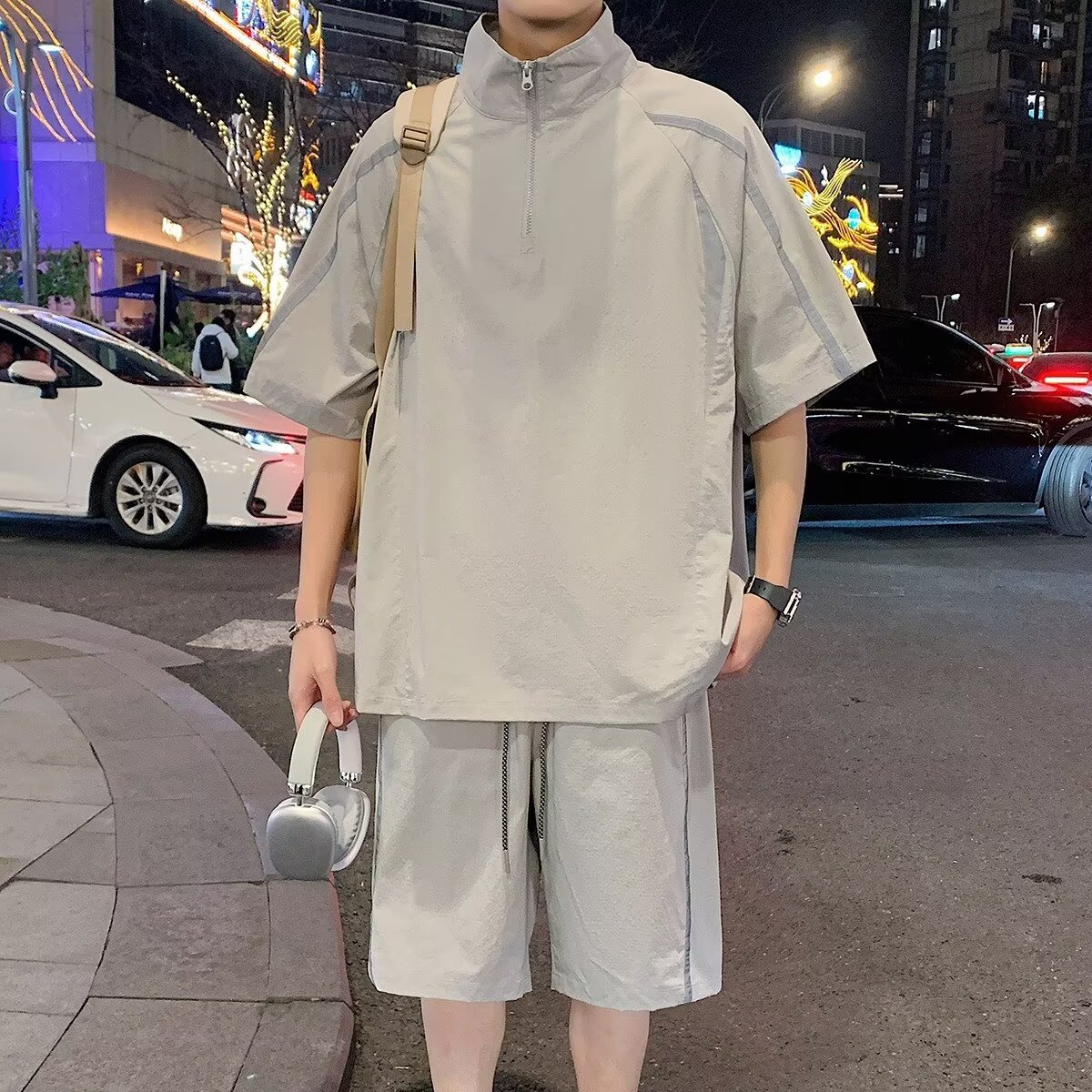冰丝套装男夏季薄款运动休闲两件套潮牌短袖t恤短裤男装一套搭配