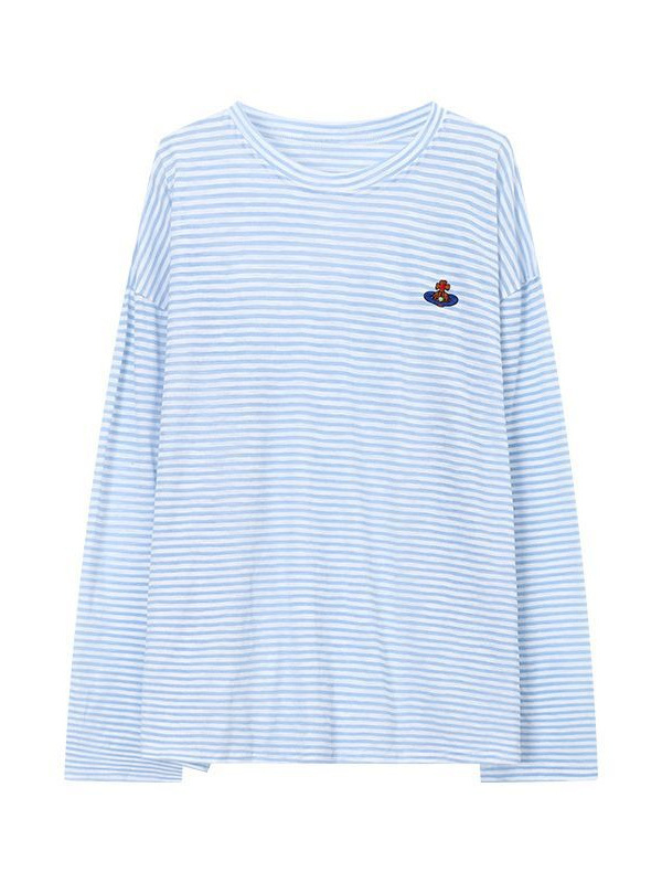 薄い漫画刺繍ストライプ長袖ブラウス Tシャツ女性の夏のデザインミッドレングスルーズ日焼け止めトップ|undefined