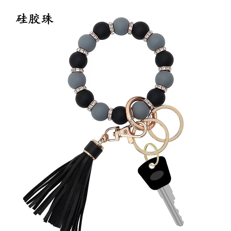 Silicone Beads Keychain Bracelet PU Leather Tassel Wrist Key Ring Bracelet Key Ring Diamond Bag Pendant
