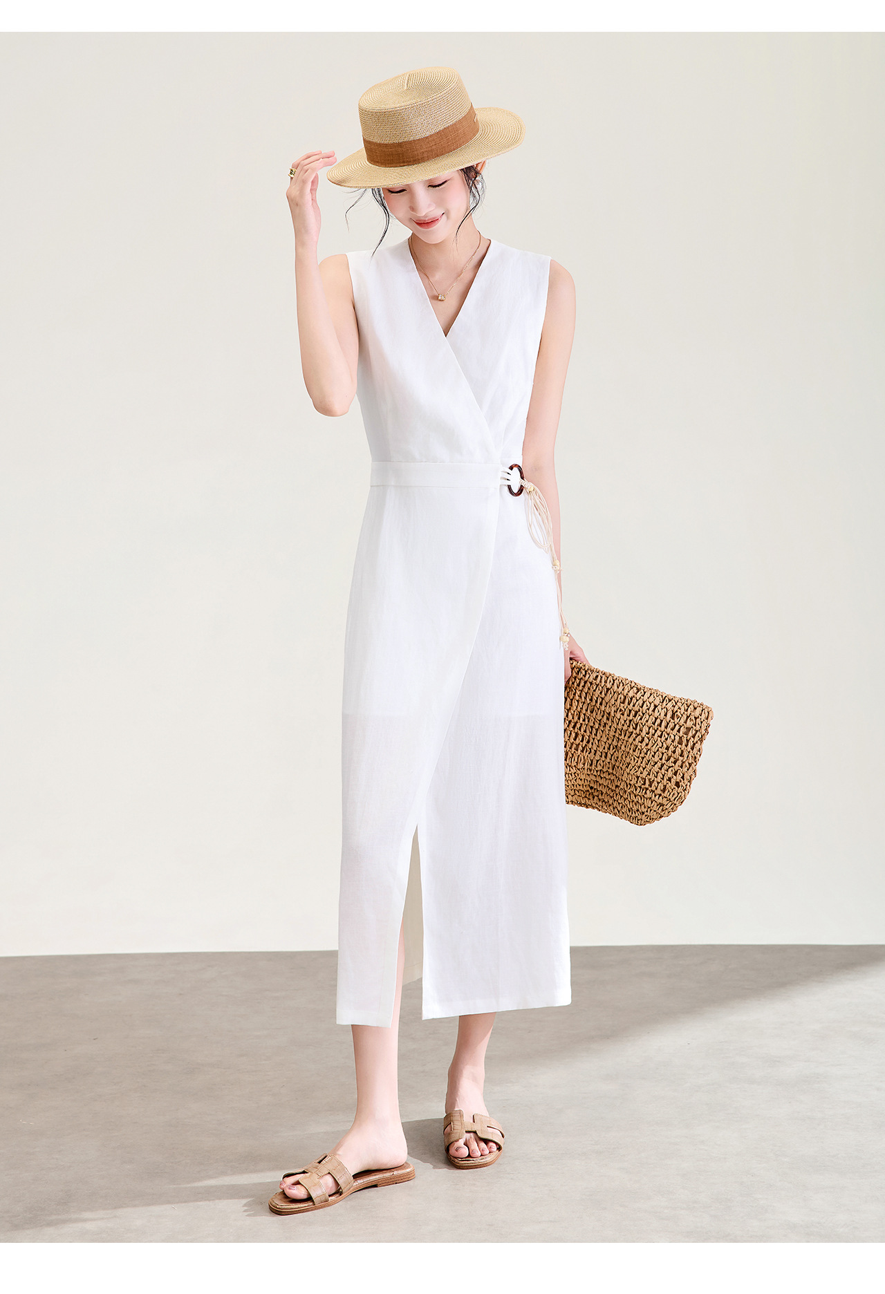 Đầm maxi nữ thắt eo phong cách Old Money chất liệu vải gai phối lụa — màu trắng ngà chi tiết 19