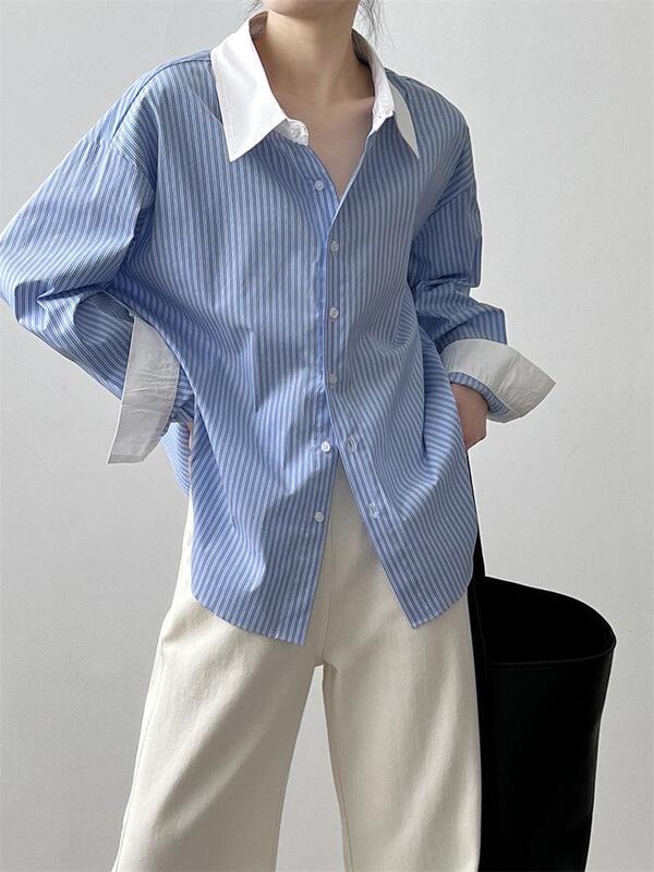 Autumn New Blue and White Striped Contrast Shirt Women's Design Sense Loose Mid-length Chic Elegant All-match Trendy Top Autumn New Blue and White Striped Contrast Shirt Women's Design Sense Loose Mid-length Chic Elegant All-match Trendy Top